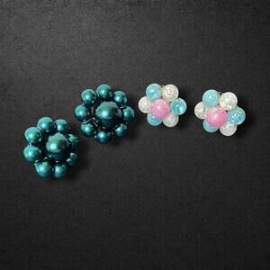Vintage Lot 2 Pair Earrings Cluster Bead Clip W Germany Japan Costume Teal Pink